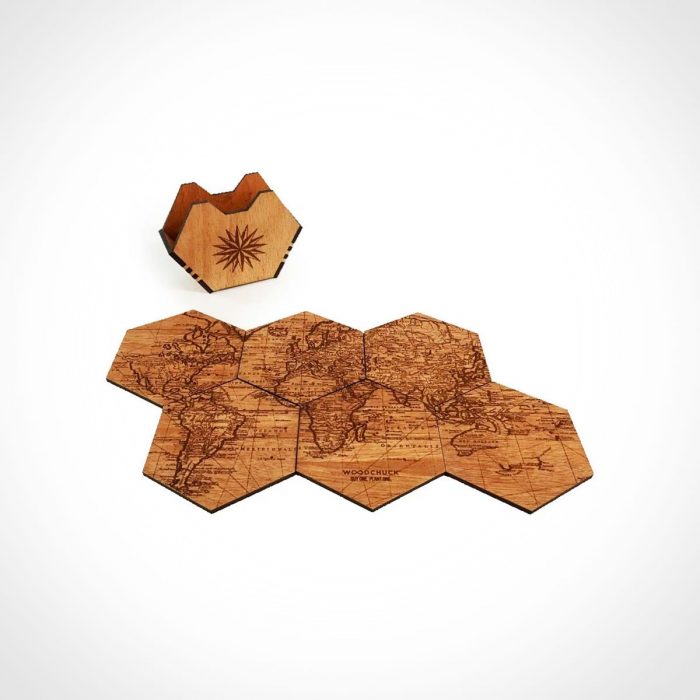 Woodchuck World Map Wood Coaster Set